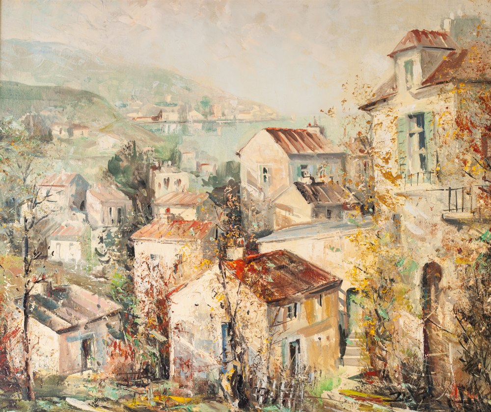 LUCIEN DELARUE (1925-2011) OIL PAINTING ON CANVAS 'Village d'Eze-A.M.' Signed and titled verso (