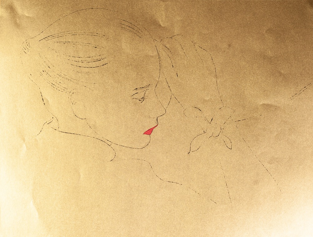 ANDY WARHOL (American 1928 - 1987) LEAF FROM A GOLD PAGE BOOK Study of a female head with red lips 8