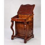 MID VICTORIAN BURR WALNUT DAVENPORT DESK, the top with scroll pierced three quarter gallery, set