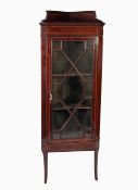 EDWARDIAN LINE INLAID MAHOGANY FLOOR STANDING CORNER CUPBOARD, short back above thirteen panel