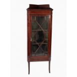 EDWARDIAN LINE INLAID MAHOGANY FLOOR STANDING CORNER CUPBOARD, short back above thirteen panel