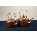 A LARGE NINETEENTH CENTURY COPPER KETTLE, the lid with acorn finial, 12" high and ANOTHER SLIGHTLY