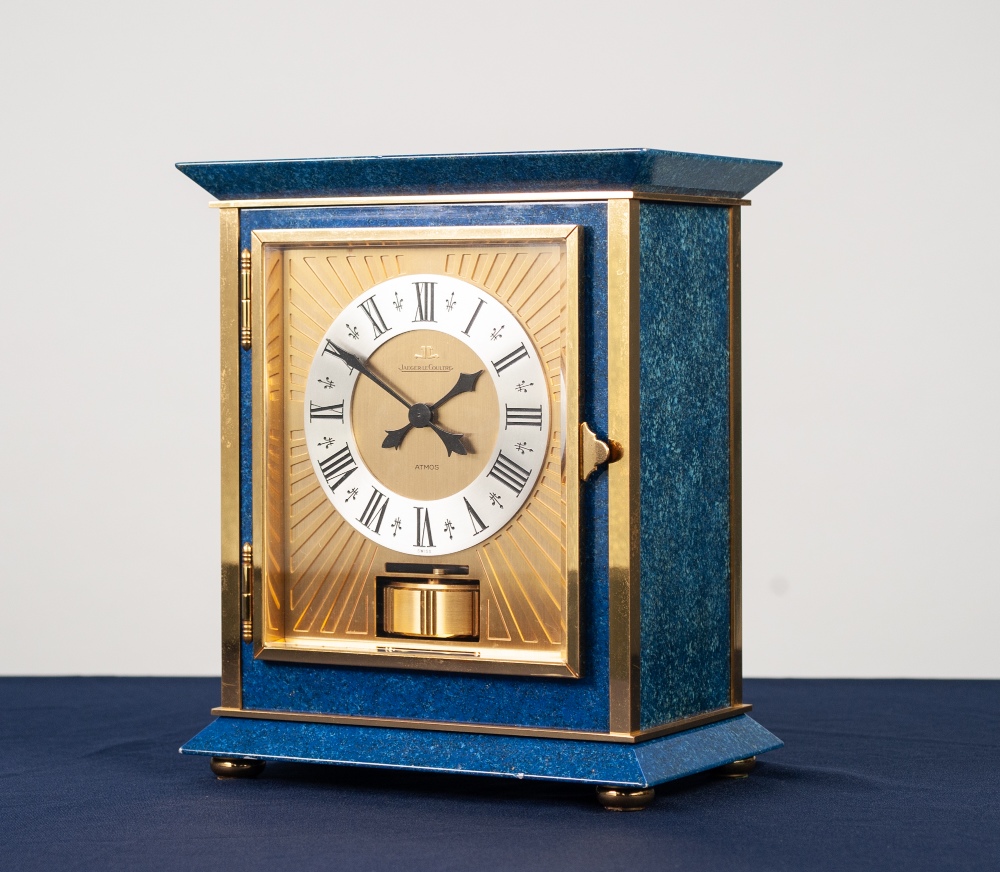 UNUSUAL GILDED BRASS AND LAPIS LAZULI CASED JAEGER LE-COULTRE ATMOS CLOCK with silvered Roman