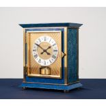UNUSUAL GILDED BRASS AND LAPIS LAZULI CASED JAEGER LE-COULTRE ATMOS CLOCK with silvered Roman
