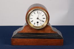 LATE VICTORIAN WALNUT AND EBONISED DRUM TOP MANTLE CLOCK, the 3 ½" Roma dial powered by a movement