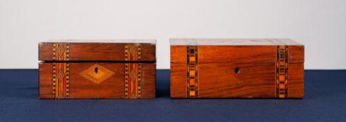 TWO VICTORIAN TUNBRIDGE BANDED WALNUT JEWELLERY BOXES, both lacking lift-out trays to the