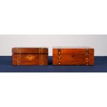 TWO VICTORIAN TUNBRIDGE BANDED WALNUT JEWELLERY BOXES, both lacking lift-out trays to the