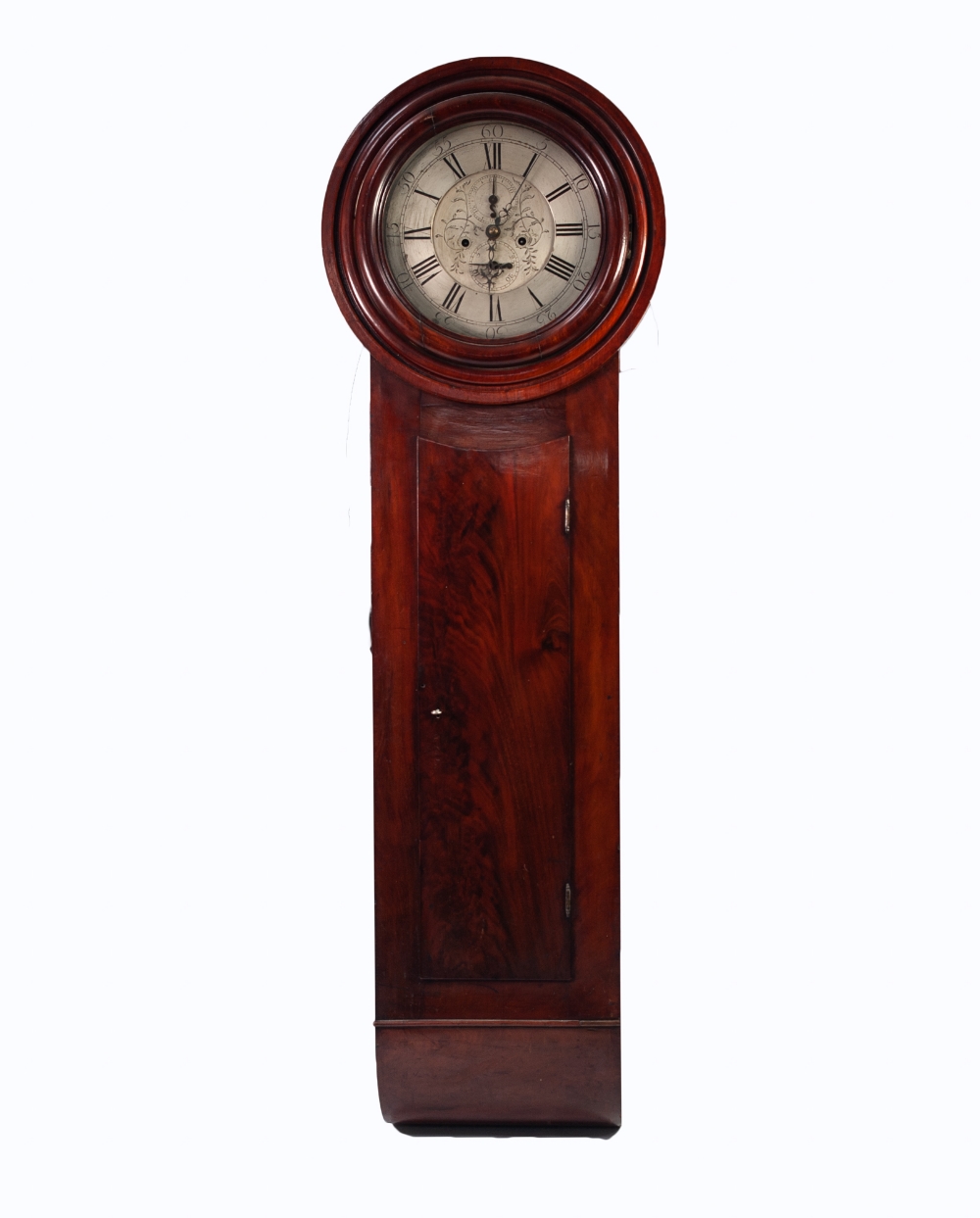 INTERESTING EARLY NINETEENTH CENTURY FIGURED MAHOGANY LONGCASED WALL CLOCK, the 12" silvered dial