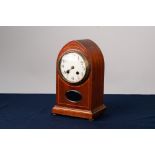 EDWARDIAN LINE INLAID MAHOGANY MANTEL CLOCK IN LANCET TOP CASE, the 4 ½" Arabic dial set above an