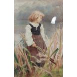 FREDERICK MORGAN R.O.I (1856-1927) WATERCOLOUR 'ALL GATHERED', a young girl standing in a lakeland