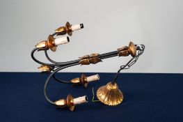 BLACK WROUGHT IRON AND GILT METAL ELECTROLIER, with four 'C' scroll branches having candle pattern