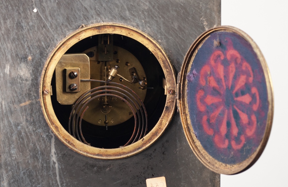 LATE 19th CENTURY BLACK SLATE AND VEINED MARBLE MANTEL CLOCK, the French movement striking on coiled - Image 2 of 3