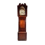 EARLY NINETEENTH CENTURY LINE INLAID MAHOGANY AND OAK LONGCASE CLOCK WITH ROLLING MOON PHASE