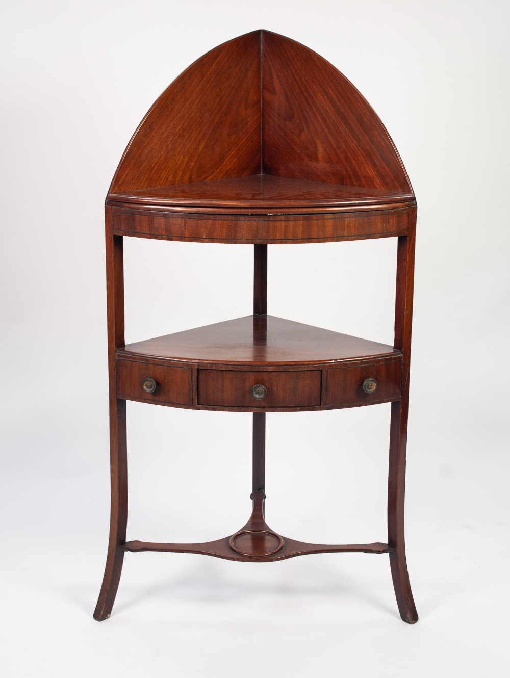 GEORGE III LINE INLAID MAHOGANY CORNER WASHSTAND, of typical form with high arched back, single