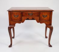 QUEEN ANNE STYLE BURR AND FEATHER CROSSBANDED WALNUT LOW BOY, of typical form with three drawers and