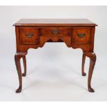 QUEEN ANNE STYLE BURR AND FEATHER CROSSBANDED WALNUT LOW BOY, of typical form with three drawers and