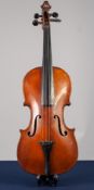 EARLY TWENTIETH CENTURY VIOLIN, WITH 14" two part back, with bow and ebonised wooden case