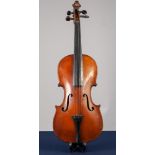 EARLY TWENTIETH CENTURY VIOLIN, WITH 14" two part back, with bow and ebonised wooden case