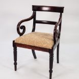 REGENCY MAHOGANY CARVERS ARMCHAIR, with shaped top rail and bar back above scroll arms and a flat