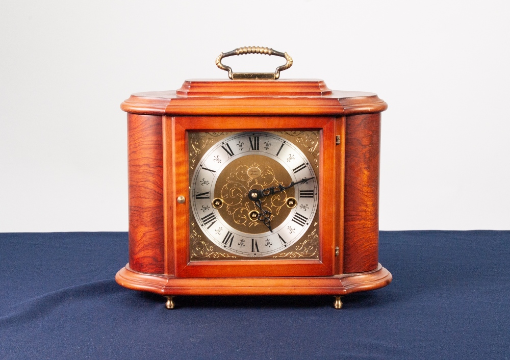 RAPPORT, LONDON, MODERN WALNUT CASED MANTEL CLOCK, with silvered Roman chapter ring and movement