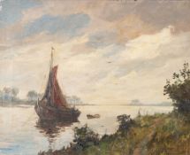 CORNELIUS ANTON BARTLES (b. 1890) OIL PAINTING ON CANVAS River landscape in Holland, with fishing
