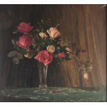 C. BAE (20th CENTURY) OIL PAINTING ON CANVAS Flowers in a glass case Signed lower left 15" x 20" (