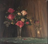 C. BAE (20th CENTURY) OIL PAINTING ON CANVAS Flowers in a glass case Signed lower left 15" x 20" (