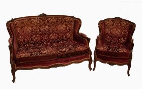 PAIR OF FRENCH STYLE TWO SEATER SETTEES WITH MOULDED AND CARVED WALNUT SHOW WOOD FRAMES AND A