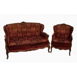 PAIR OF FRENCH STYLE TWO SEATER SETTEES WITH MOULDED AND CARVED WALNUT SHOW WOOD FRAMES AND A