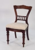 A SET OF TEN VICTORIAN WALNUTWOOD DINING CHAIRS, each with scroll carved top rail and galleried rail