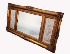 A TRIPTYCH GILT WALL MIRROR WITH CENTRAL BEVEL GLASS HAVING MARBLE PLAQUES TO THE SIDES after