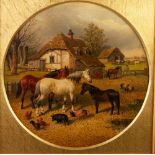 JOHN FREDERICK HERRING JUNIOR (1815 - 1907) OIL PAINTING (CIRCULAR) Farm scene with old thatched