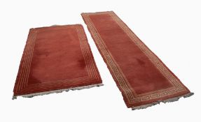 CHINESE PLAIN TERRACOTTA RUNNER, with fawn embossed Greek key pattern border, 8' x 2'4" and a