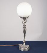 ART DECO STYLE WHITE METAL AND COMPOSITION FIGURAL TABLE LAMP, modelled as a naked female figure