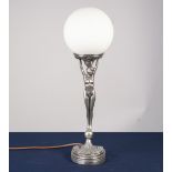 ART DECO STYLE WHITE METAL AND COMPOSITION FIGURAL TABLE LAMP, modelled as a naked female figure