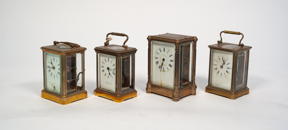 FOUR EARLY 1900's BRASS CASED CARRIAGE CLOCKS, one striking on a bell, one with missing carrying - Image 3 of 3