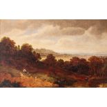 BRITISH SCHOOL (NINETEENTH CENTURY) OIL PAINTING ON BOARD An extensive landscape with figures 7 1/2"