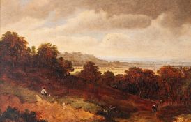 BRITISH SCHOOL (NINETEENTH CENTURY) OIL PAINTING ON BOARD An extensive landscape with figures 7 1/2"