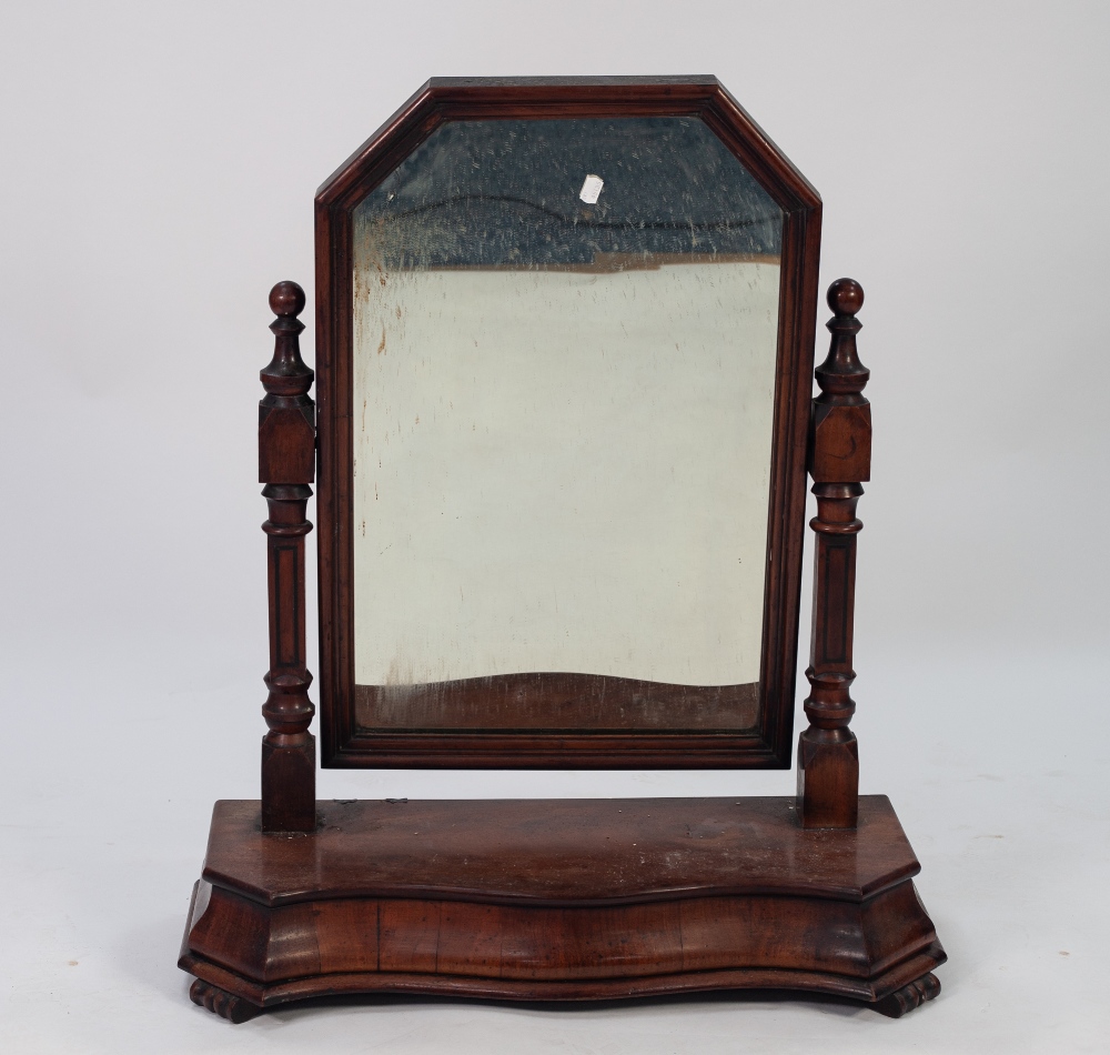 NINETEENTH CENTURY FIGURED MAHOGANY LARGE TOILET MIRROR, the oblong plate with canted top corners,