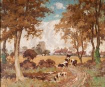 RICHARD GEORGE HINCHCLIFFE (1868 - 1942) OIL PAINTING ON CANVAS A wooded landscape with cows