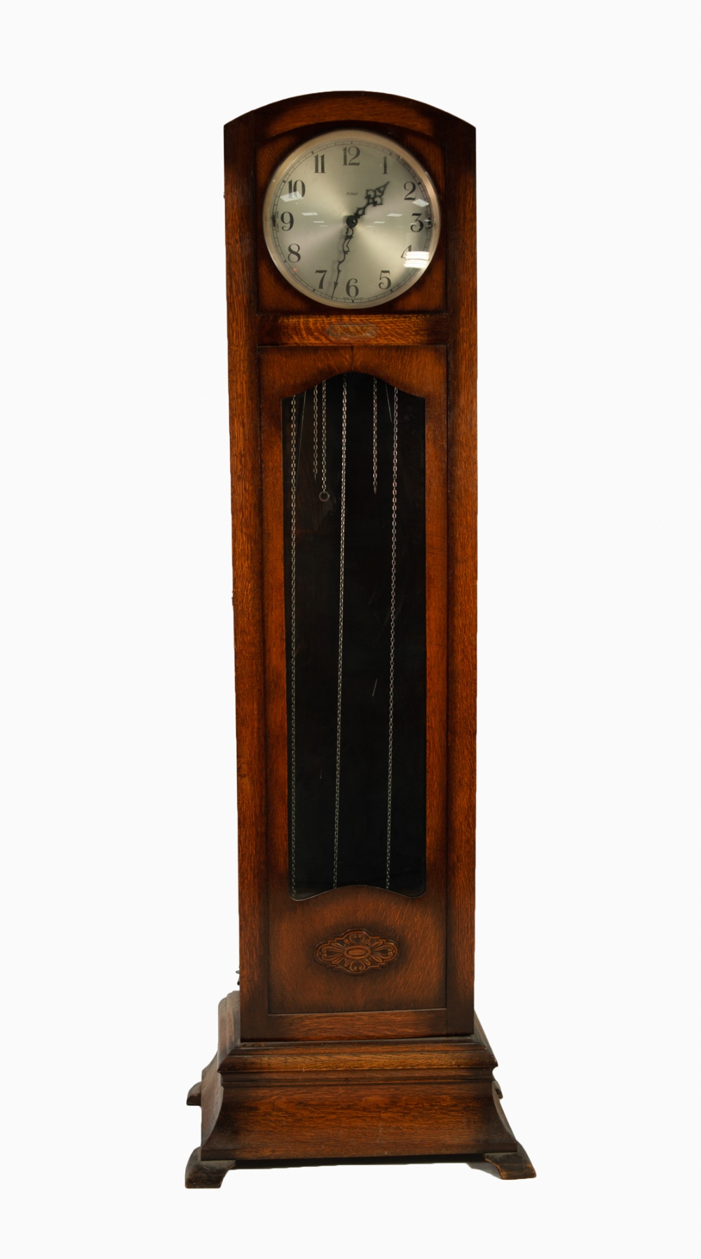 A 1930's ENFIELD LONGCASE CLOCK, WITH 8 DAYS WEIGHT DRIVEN MOVEMENT, CIRCULAR SILVERED DIAL, THE