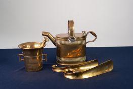 NINETEENTH CENTURY BRASS TOILET WATER CAN, oval with flat hinged lid; A HEAVY BASS PESTLE AND MORTAR