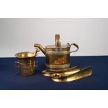 NINETEENTH CENTURY BRASS TOILET WATER CAN, oval with flat hinged lid; A HEAVY BASS PESTLE AND MORTAR