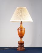 TURNED TEAKWOOD TABLE LAMP, of slender lidded urn form with ring turned pedestal base and the