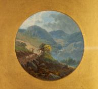 FREDERICK CLIVE NEWCOMBE (1847 - 1894) OIL PAINTING ON BOARD, CIRCULAR Lake District landscape