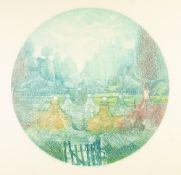 MICHAEL ***** ETCHINGS PRINTED IN COLOUR, A SET OF FIVE Circular imaginary landscapes inscribed in