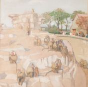 MISS VIOLET M BABER MIMPRISS (Exh. 1914-30) WATERCOLOUR DRAWING ON BUFF PAPER Zoo study with apes in