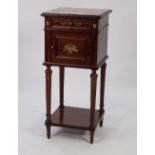 LOUIS XVI STYLE GILT METAL MOUNTED MAHOGANY AND MARBLE BEDSIDE CABINET, the moulded square top