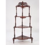 VICTORIAN BURR WALNUT FOUR TIER CORNER WHAT NOT, of graduated form with scroll pierced back,