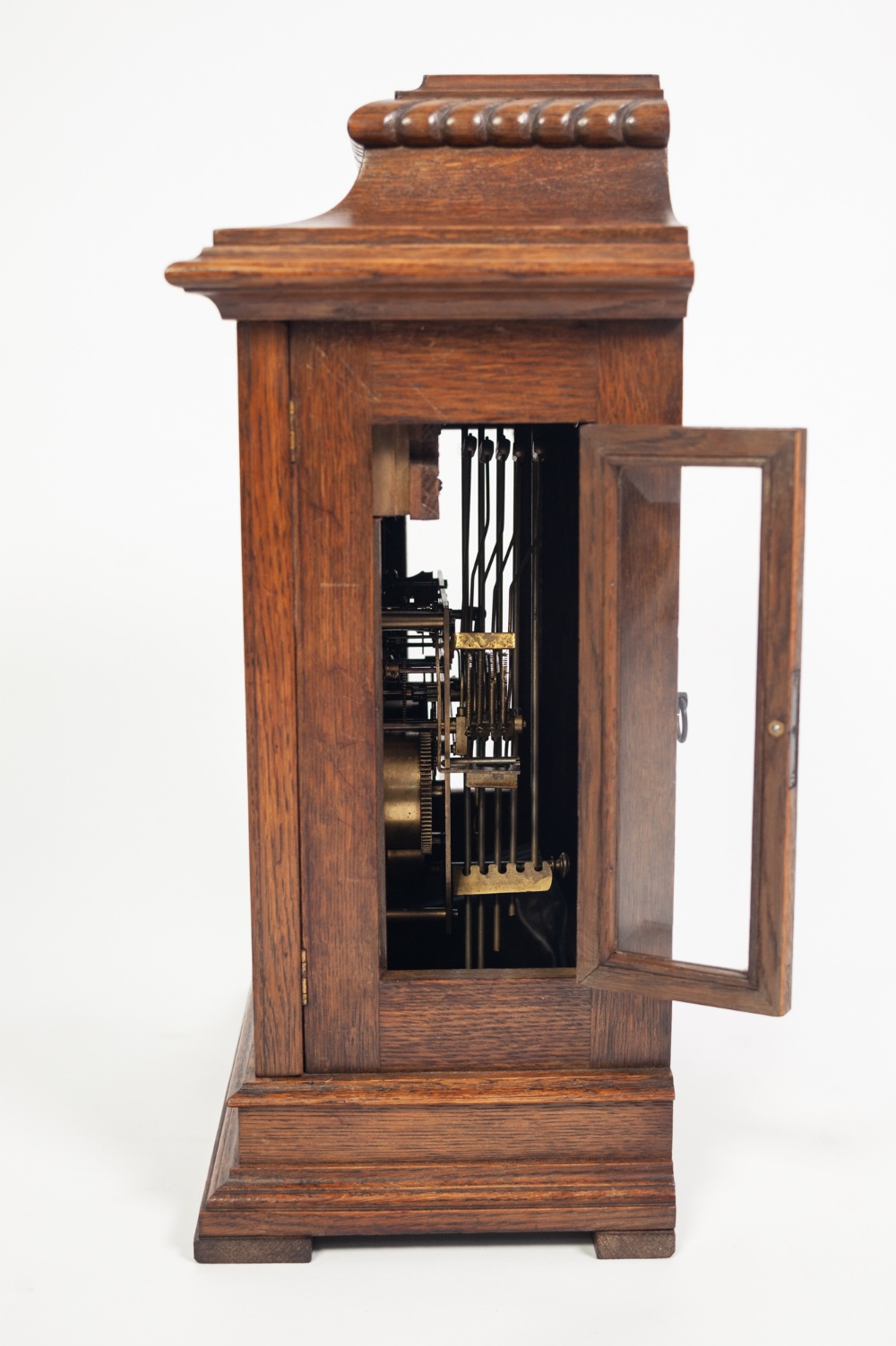 A CIRCA 1900 OAK CASED MANTEL CLOCK, the Gustav Becker three train chiming movement with a - Image 2 of 5